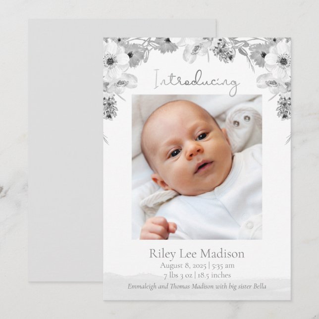 Anuncio Baby Photo Peach Modern Gray Floral (Anverso / Reverso)