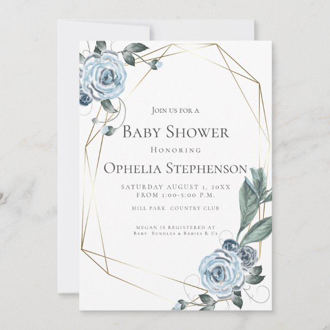 Anuncio Baby Shower | Acuarela Dusty Floral Azul (Anverso)