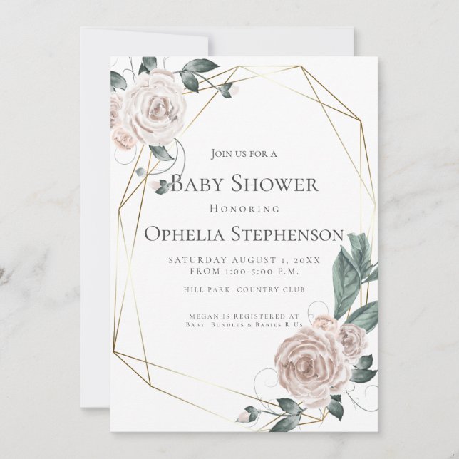 Anuncio Baby Shower | Acuarela Dusty Rosa Floral (Anverso)