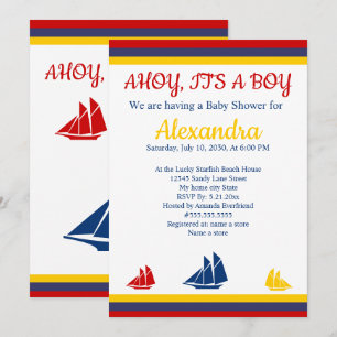 Anuncio Baby Shower rojo amarillo azul de la marina náutic