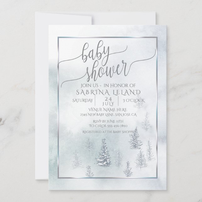 Anuncio Baby Shower | Silver Blue Winter Wonderland (Anverso)