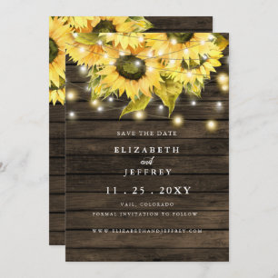 Anuncio Barn Wood String Luces Sunflowers Save the Date A