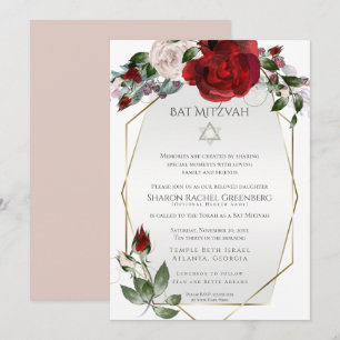 Anuncio Bat Mitzvah Elegantes rosas rojas escarlatas y r