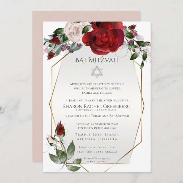 Anuncio Bat Mitzvah | Elegantes Rosas rojos escarlata y Ru (Anverso / Reverso)