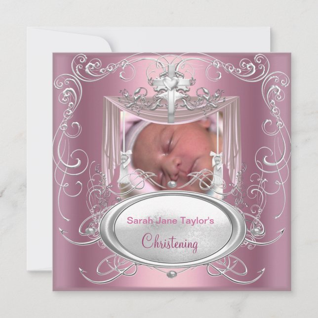 Anuncio Bautizo de bebé Bautizo niña rosa cruz de plata (Anverso)