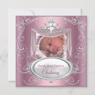 Anuncio Bautizo de bebé Bautizo niña rosa cruz de plata