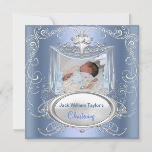 Anuncio Bautizo de bebé, bautizo niño azul cruz de plata
