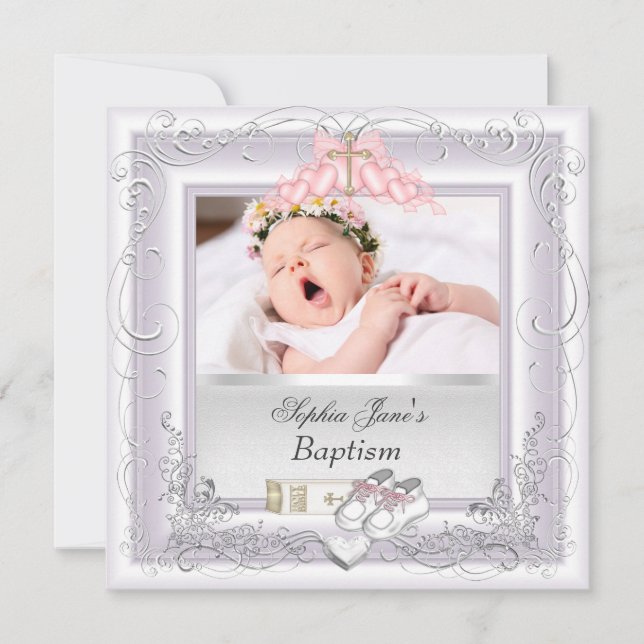 Anuncio Bautizo de niña, blanco y rosa (Anverso)