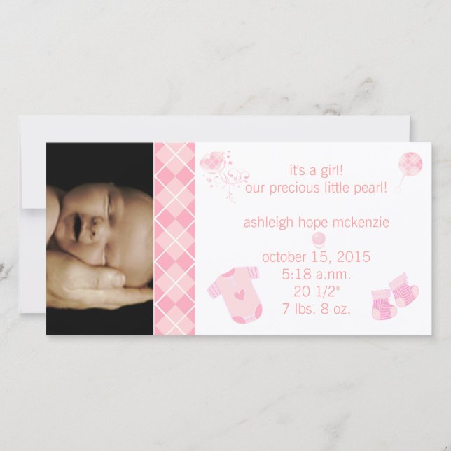 Anuncio Bebé rosado argyle - es un Chica - nuestro preciad (Anverso)