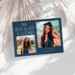 Anuncio Best Is Yet To Come Navy Blue Grad Photo<br><div class="desc">Modern and whimsical graduation announcement photo card featuring2 photos on the front and 1 on the back. The text says "The Best Is Yet To Come" with twinkling stars. Add the graduate's name,  information,  and message to personalize this card. Navy blue color.</div>