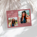 Anuncio Best Is Yet To Come Pink Grad Photo<br><div class="desc">Modern and whimsical graduation announcement photo card featuring2 photos on the front and 1 on the back. The text says "The Best Is Yet To Come" with twinkling stars. Add the graduate's name,  information,  and message to personalize this card. Pink color.</div>