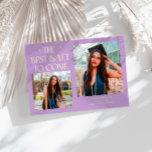 Anuncio Best Is Yet To Come Wisteria Grad Photo<br><div class="desc">Modern and whimsical graduation announcement photo card featuring2 photos on the front and 1 on the back. The text says "The Best Is Yet To Come" with twinkling stars. Add the graduate's name,  information,  and message to personalize this card. Wisteria color.</div>
