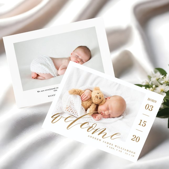Anuncio Bienvenida Estadísticas de nacimiento de bebé con  (Welcome Gold Script Baby Birth Stats & Photo Announcement)