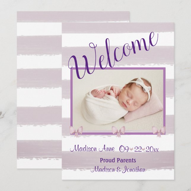 Anuncio Bienvenida Guión Purple Photo Personalize Nacimien (Anverso / Reverso)