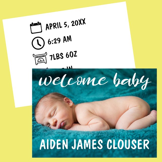 Anuncio Bienvenida moderna Nacimiento Infantil (Welcome Baby Modern Birth Announcement Card with Birth Icons )