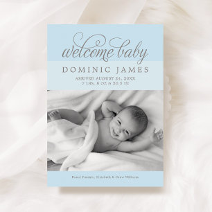 Anuncio Bienvenido bebé niño elegante foto de nacimiento e