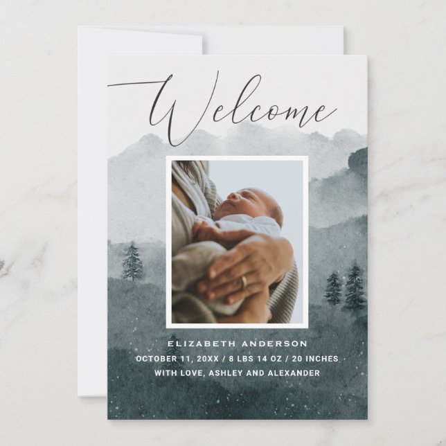 Anuncio Bienvenido. Nacimiento de bebé de invierno en bosq (Anverso)