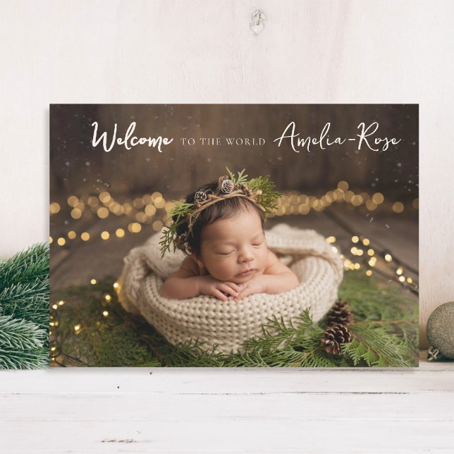 Anuncio Bienvenidos a World Caligraphy Elegant Photo Baby (baby announcement card modern calligraphy welcome to the world simple elegant classy rustic)
