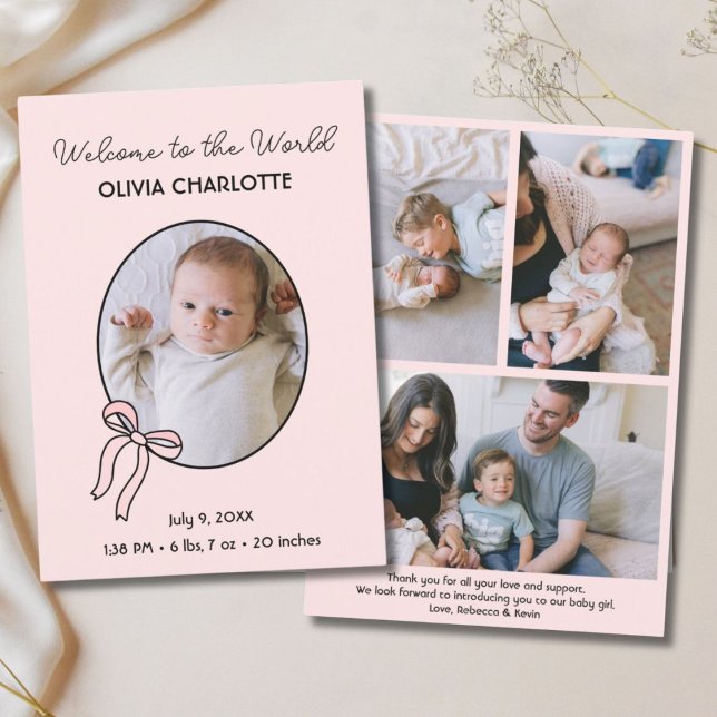Anuncio Bienvenidos al bebé de una foto rosada en el mundo (Welcome to the World Pink Newborn Photo Baby Birth Announcement)