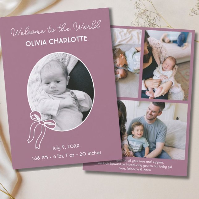 Anuncio Bienvenidos al recién nacido púrpura del mundo (Welcome to the World Purple Newborn Baby Birth Announcement
)