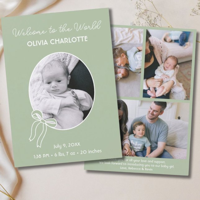 Anuncio Bienvenidos al recién nacido verde jaula mundial (Welcome to the World Sage Green Newborn Baby Birth Announcement)