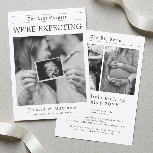 Anuncio Black and White Gender Neutral Newspaper Pregnancy (Black and White Gender Neutral Newspaper Pregnancy Announcement)