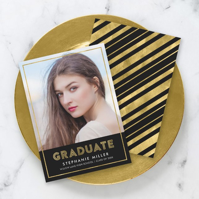 Anuncio Black Gold Geometric Photo Graduation Announcement (Subido por el creador)
