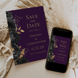 Anuncio Black Gold Purple Floral Save the Date