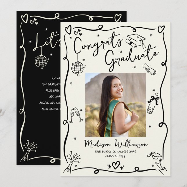 Anuncio Black Hand Drawn Doodles Graduation Photo Cream (Anverso / Reverso)