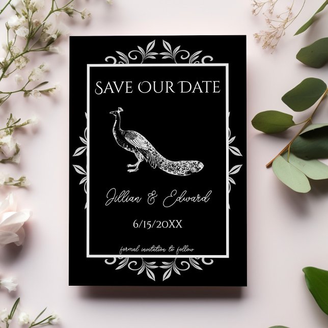 Anuncio Black Peacock Florece Salvar La Fecha (Black Peacock Flourish Save the Date)
