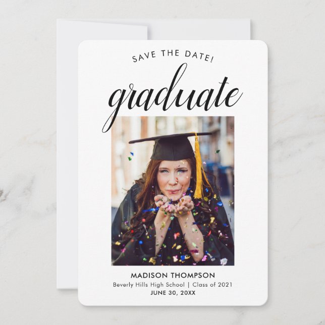Anuncio Black Save the Date Calligraphy Graduation Photo (Anverso)