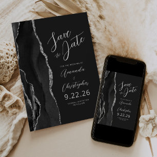 Anuncio Black Silver Agate Script Save the Date