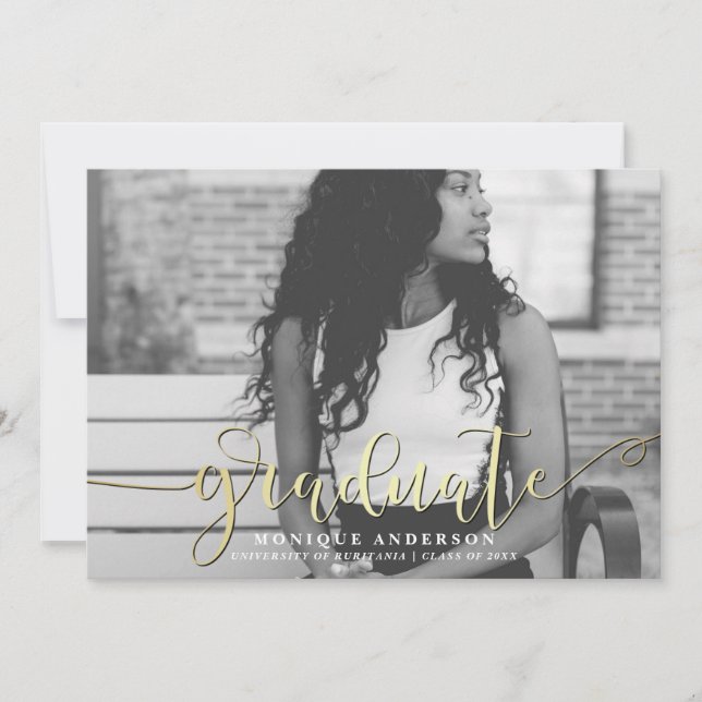 Anuncio Black White & Gold Script & Stripes Graduate Photo (Anverso)
