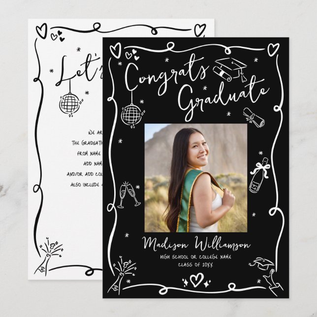 Anuncio Black White Hand Drawn Doodle Style Graduate Photo (Anverso / Reverso)