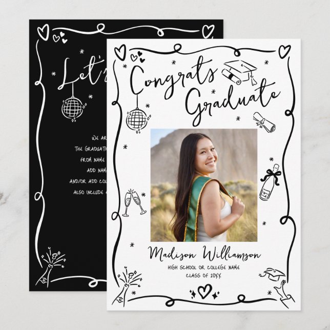 Anuncio Black White Hand Drawn Doodles Graduation Photo (Anverso / Reverso)
