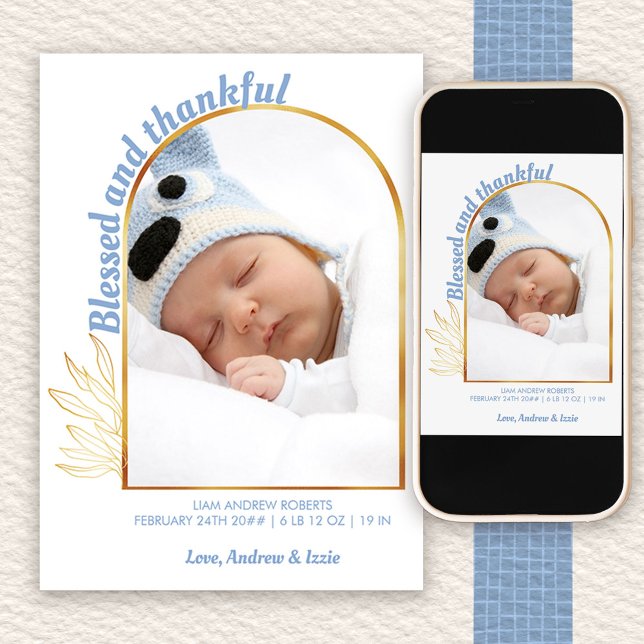 Anuncio Blessed and Thankful Gold Arch Photo Blue Birth (Arch Photo birth announcement to order printed or as a printable digital download)