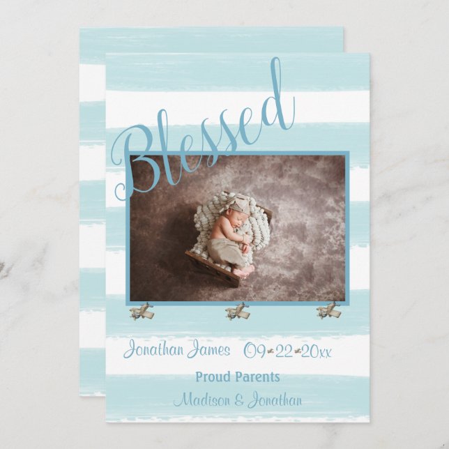 Anuncio Blessed Blue Photo Script Personaliza el nacimient (Anverso / Reverso)