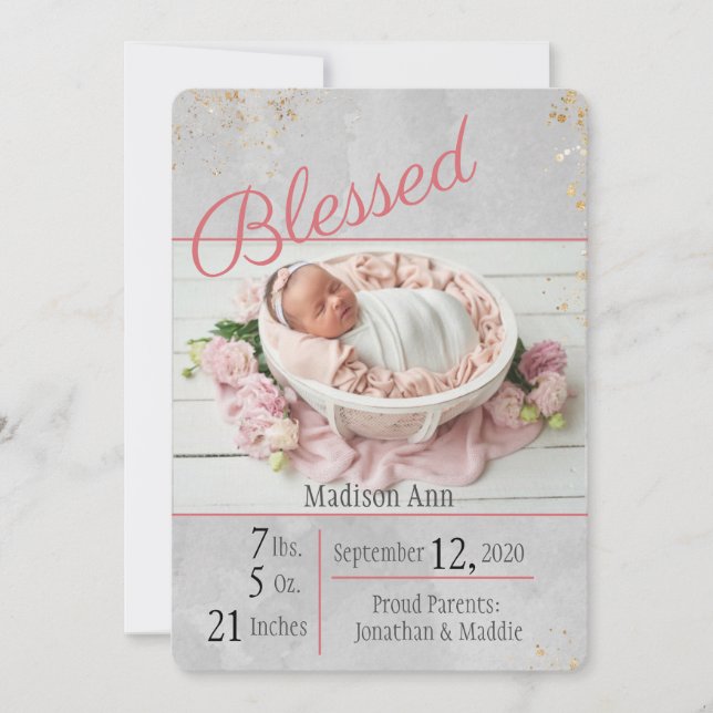 Anuncio Blessed Pink l gray Baby Photo Birth (Anverso)