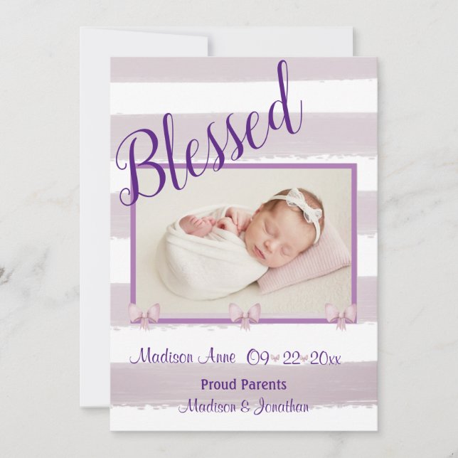 Anuncio Blessed Purple Photo Script personaliza el nacimie (Anverso)