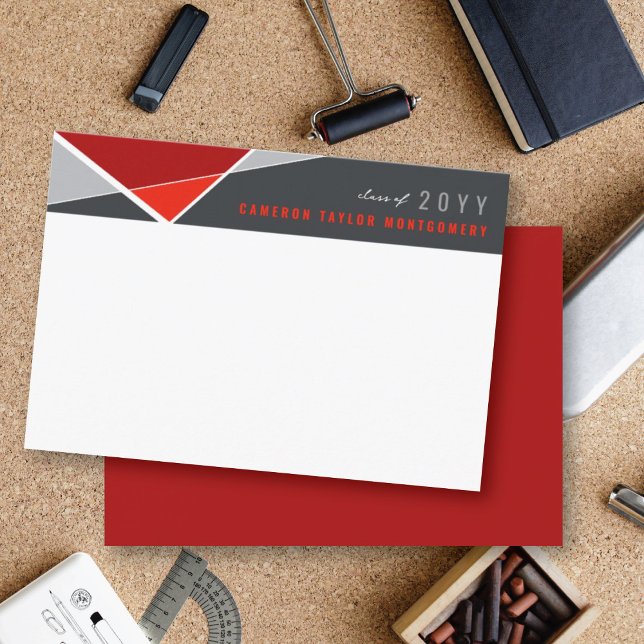 Anuncio Bloques Geométricos Rojos Modernos Agradecimiento  (Modern Red Geometric Color Blocks Criss Cross Graduation Thank You Card @ zazzle.com/color_therapy)