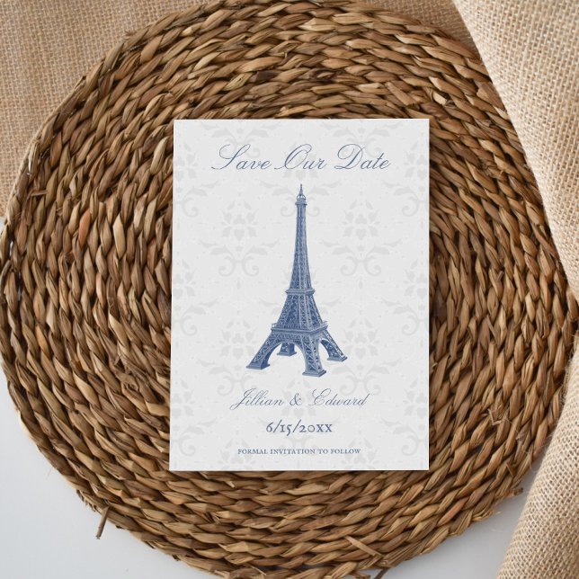 Anuncio Blue Eiffel Tower Damask Save The Date (Blue Eiffel Tower Damask Save the Date)