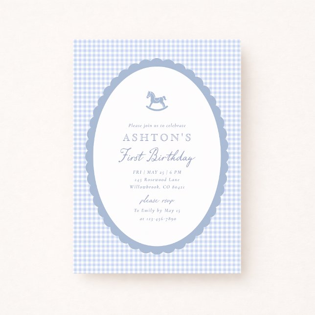 Anuncio Blue Gingham Rocking Horse Boy Birthday Invitation (Subido por el creador)