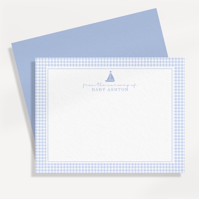 Anuncio Blue Gingham Sailboat Nursery Note Card (Subido por el creador)