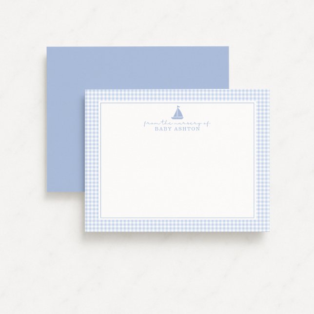 Anuncio Blue Gingham Sailboat Nursery Note Card (Subido por el creador)