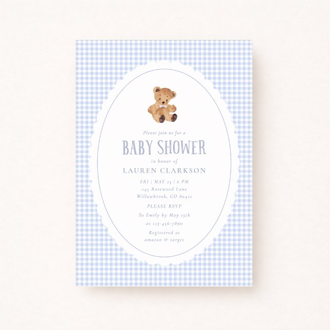 Anuncio Blue Gingham Teddy Bear Baby Shower Invitation (Subido por el creador)