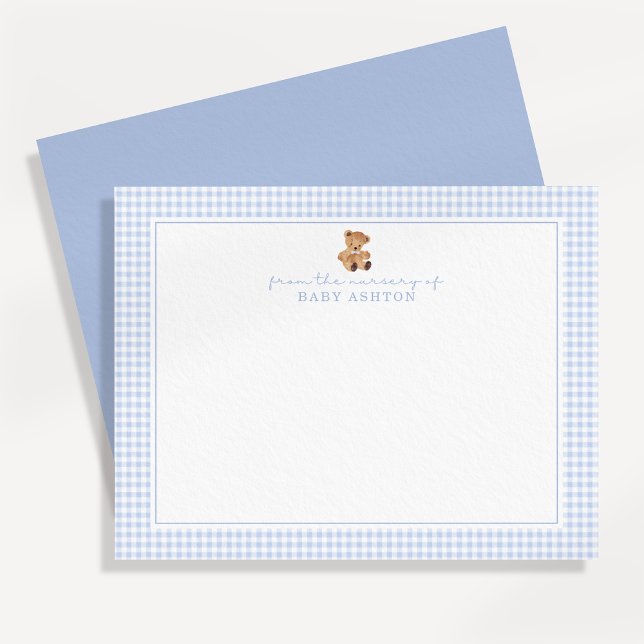 Anuncio Blue Gingham Teddy Bear Nursery Note Card (Subido por el creador)