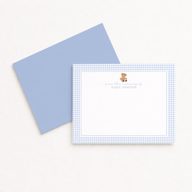 Anuncio Blue Gingham Teddy Bear Nursery Note Card (Subido por el creador)