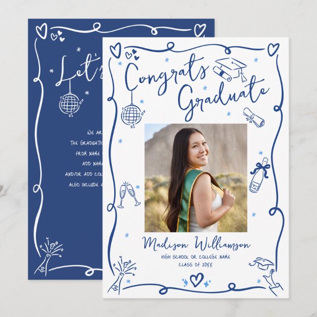 Anuncio Blue Hand Drawn Doodles Graduate Photo White Retro (Anverso / Reverso)