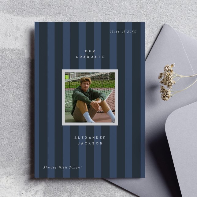 Anuncio Blue Sporty Stripes Graduation Photo  (dark blue sporty stripes modern graduation photo announcement card)
