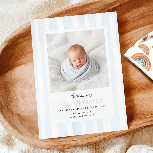 Anuncio Blue Stripes Photo Birth Announcement (Subido por el creador)